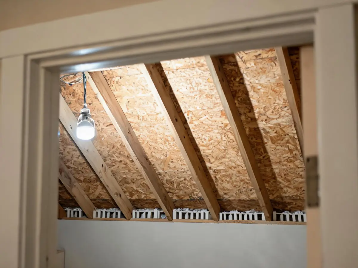 The same attic after remediation, sheathing clean and new baffles fitted