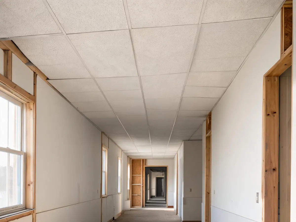 The same corridor after remediation, new tiles and a clean dry wall