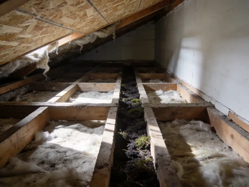 Dark growth along crawl space floor joists and subfloor