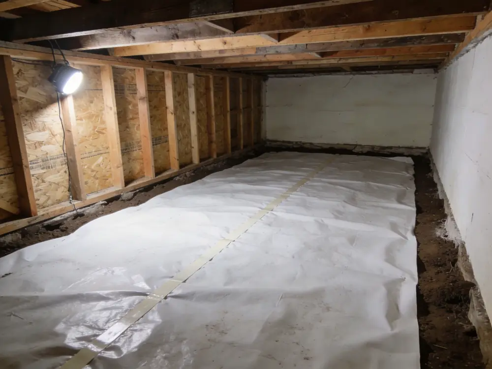 New white vapour barrier laid across a crawl space floor