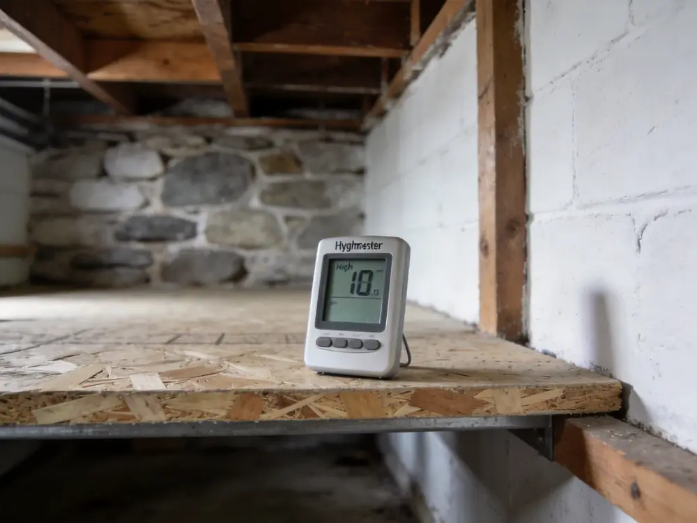 Digital hygrometer showing high humidity in a basement