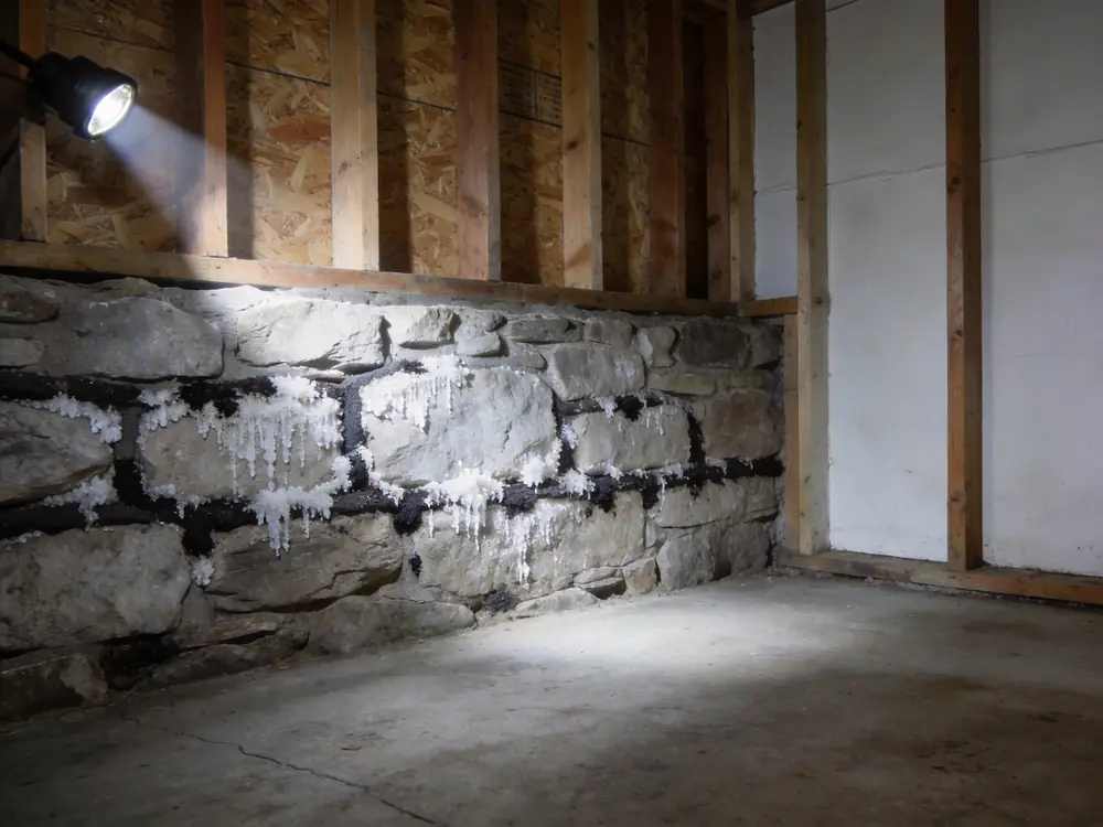 White mineral deposits and dark patches on a stone foundation wall