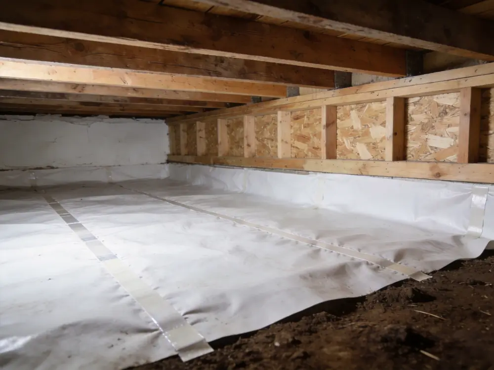 New white vapour barrier laid across a crawl space floor