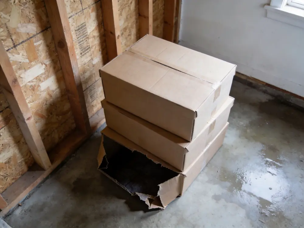 Storage boxes on a damp basement floor with the bottom carton collapsing