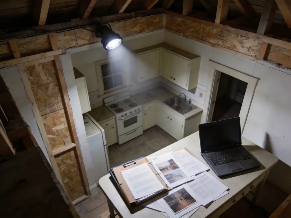 Folder of documents and photographs spread on a kitchen table