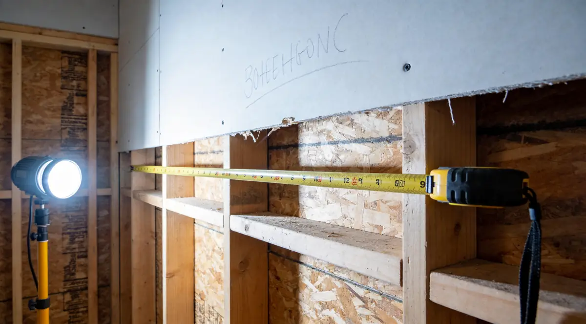 Tape measure pulled across a damaged wall section