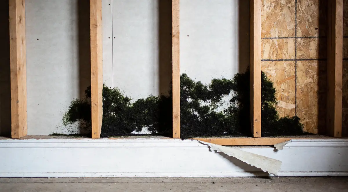 Dark green-black growth spreading across drywall near a baseboard