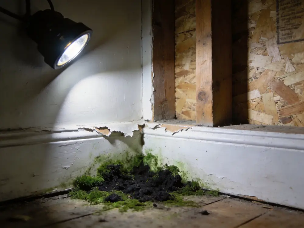 Dark green-black growth spreading across drywall near a baseboard