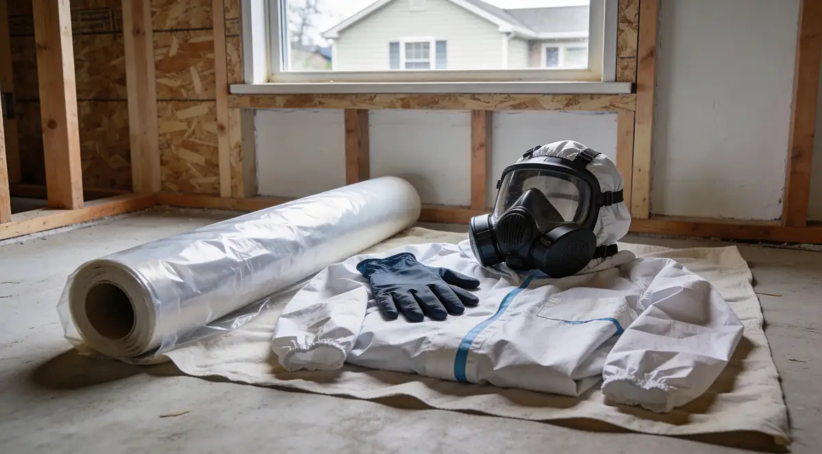 Respirators, gloves and coveralls laid out beside poly sheeting