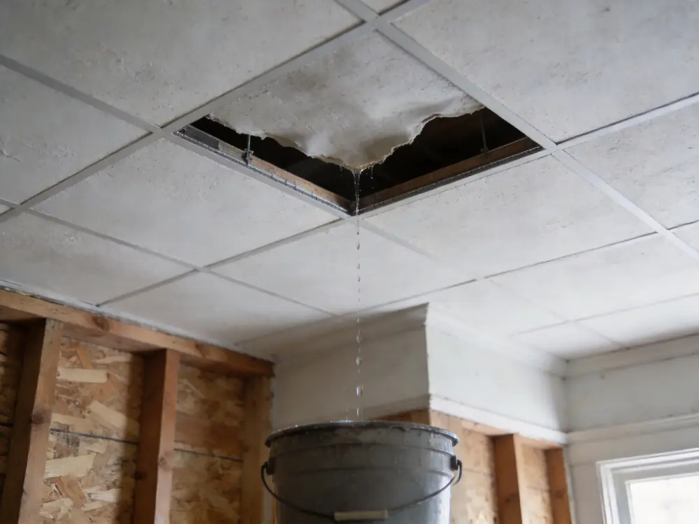 Saturated ceiling tile sagging from a suspended grid