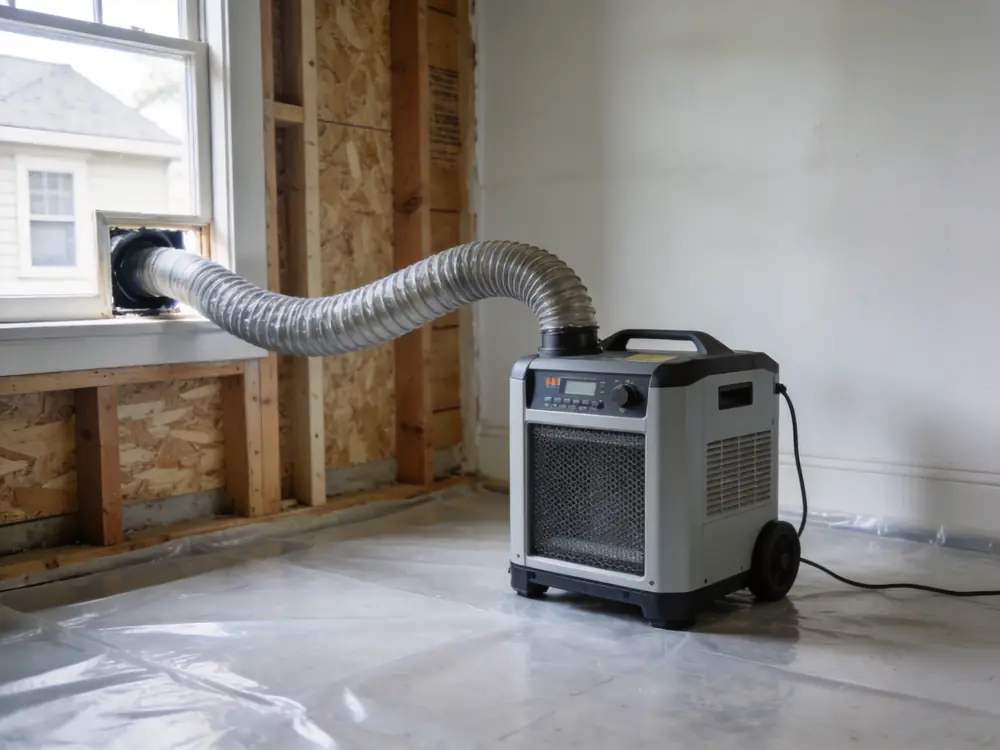 HEPA air scrubber running with ducting routed out of a window