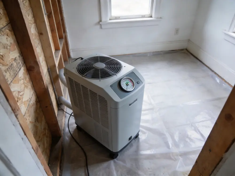 Dehumidifier and hygrometer running during the drying phase