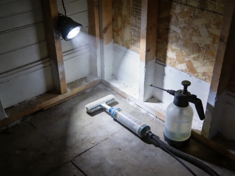 Pump sprayer resting beside cleaned framing