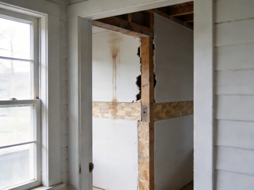 Wall cavity opened to expose staining on the back of the drywall