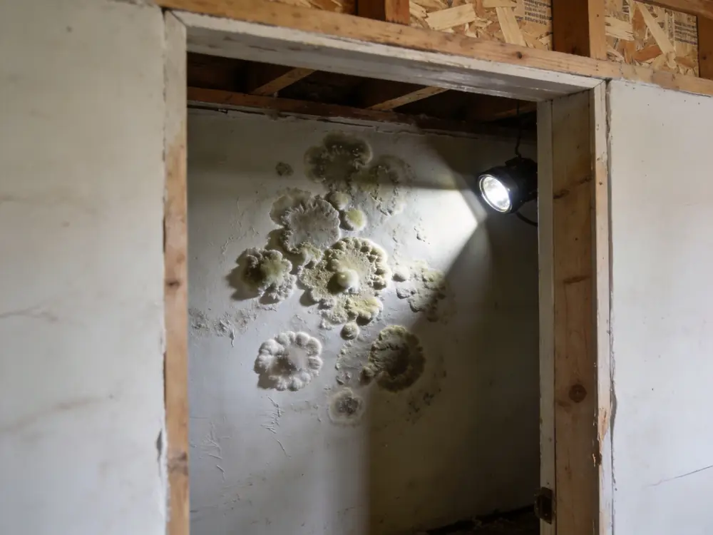 Close detail of textured mold colonies on a painted wall