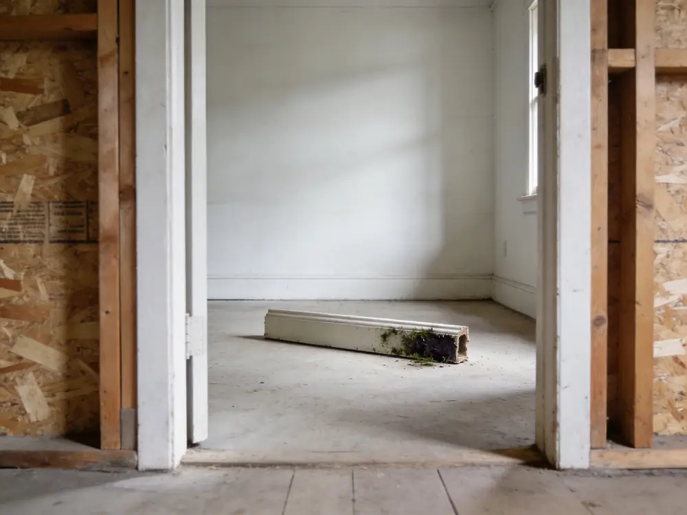 Dark growth on the unfinished back of a removed baseboard
