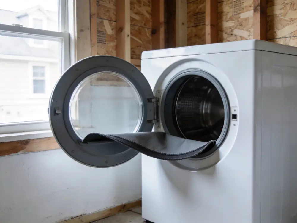 Washing machine door gasket folded back to show the fold beneath