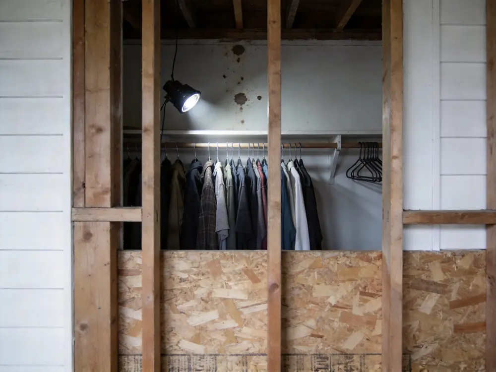 Clothing in a closet against a spotted exterior wall