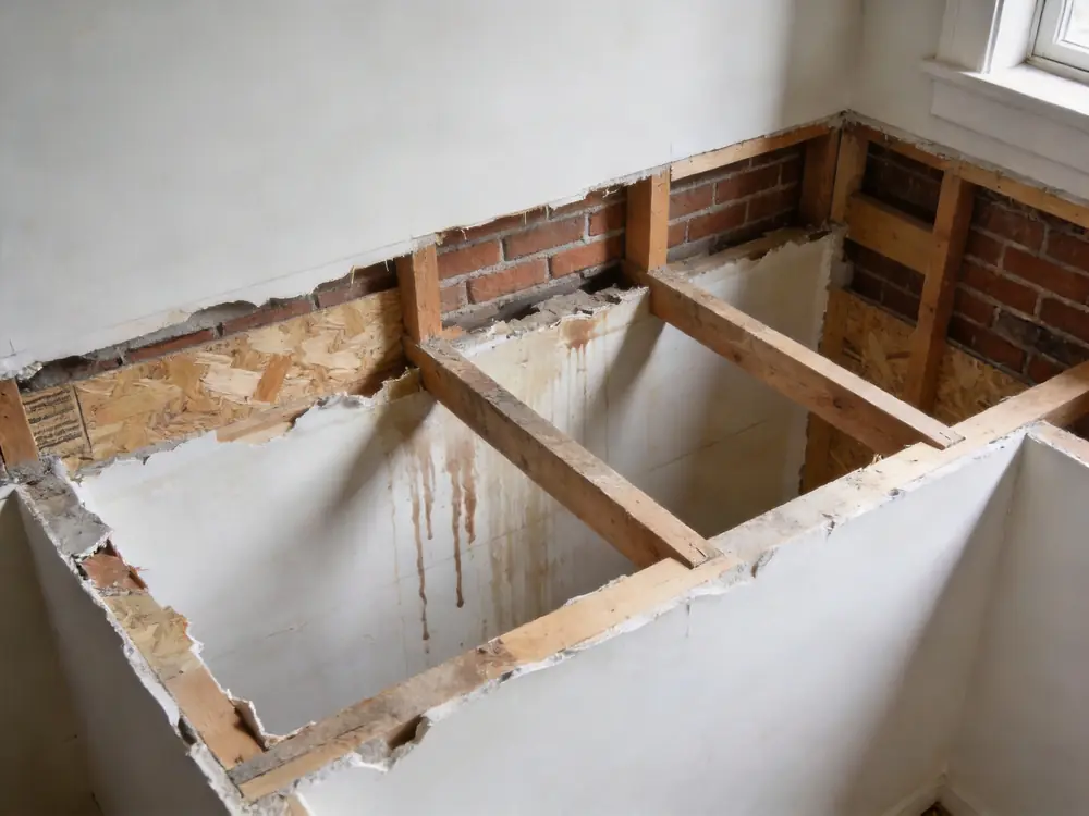 Wall cavity opened to expose staining on the back of the drywall