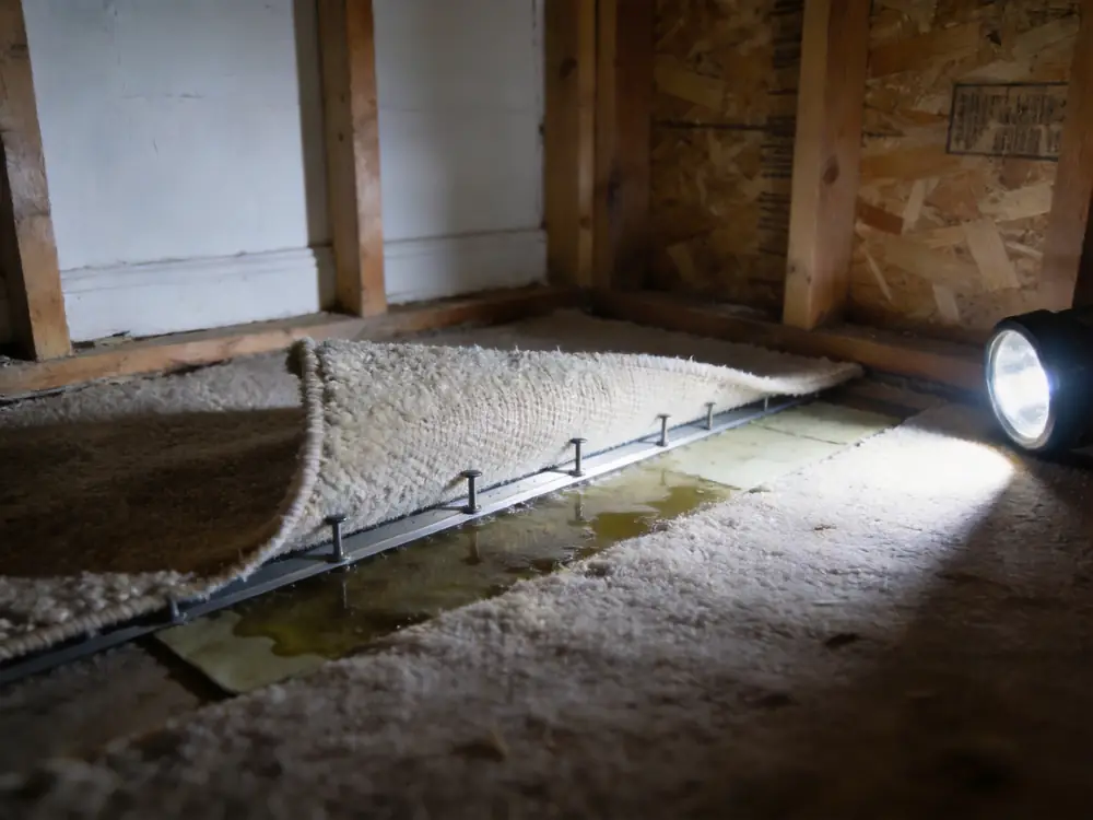 Carpet pulled back to expose the damp pad beneath