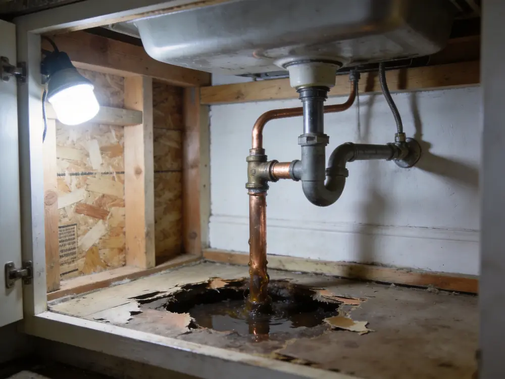 Burst copper supply line above a swollen cabinet floor