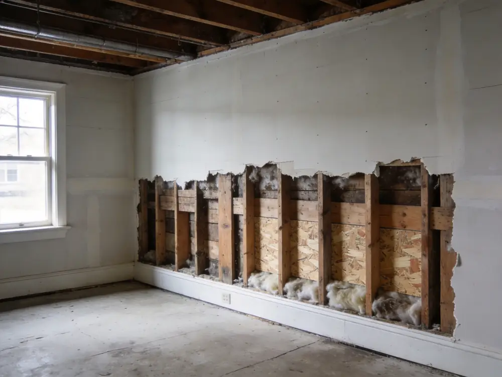 Basement drywall cut back to reveal damp framing behind