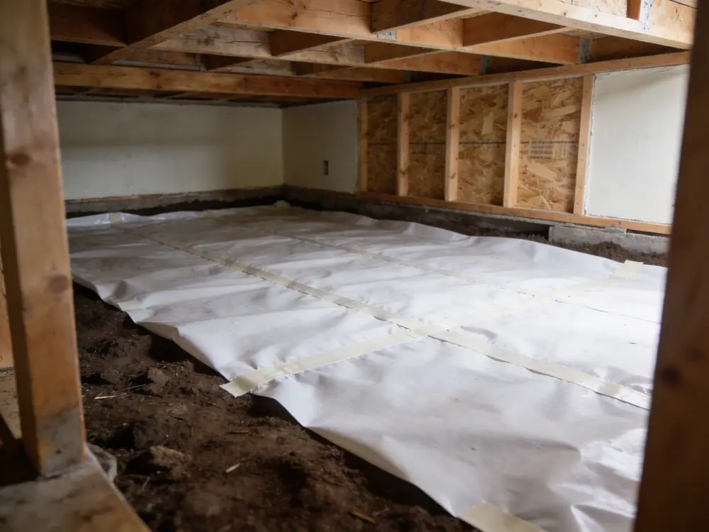 New white vapour barrier laid across a crawl space floor