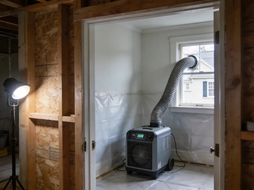 HEPA air scrubber running with ducting routed out of a window