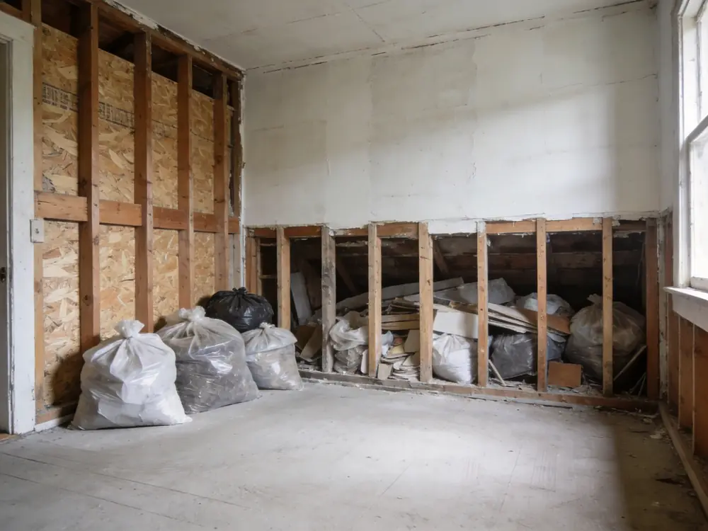Room mid-remediation with contents bagged and framing exposed