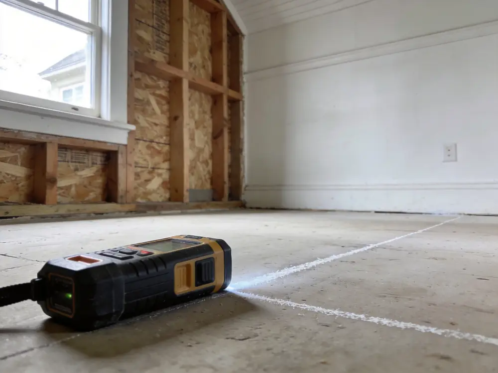 Laser distance measure beside a chalk line on a subfloor