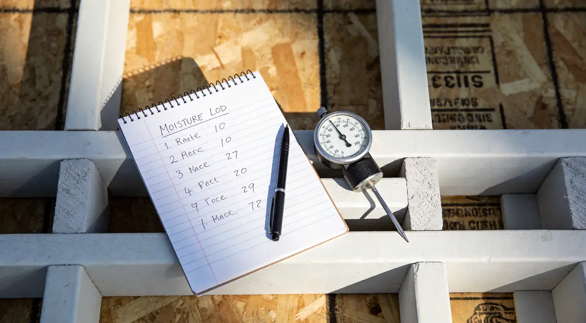 Handwritten moisture log beside a pin-type moisture meter
