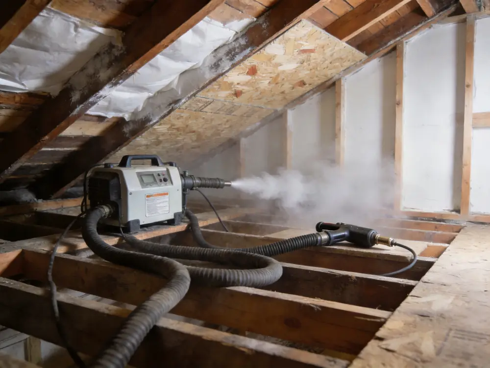 Dry ice blasting equipment staged in an attic beside partly cleaned sheathing