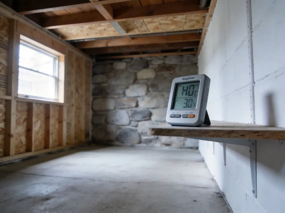 Digital hygrometer showing high humidity in a basement