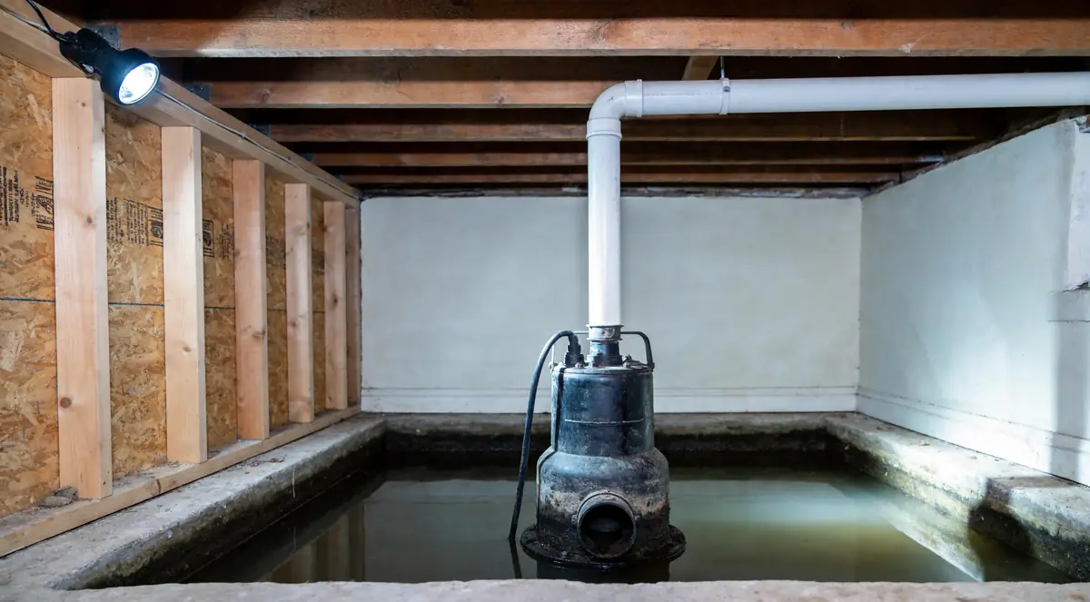 A sump pump sitting in a flooded basement pit