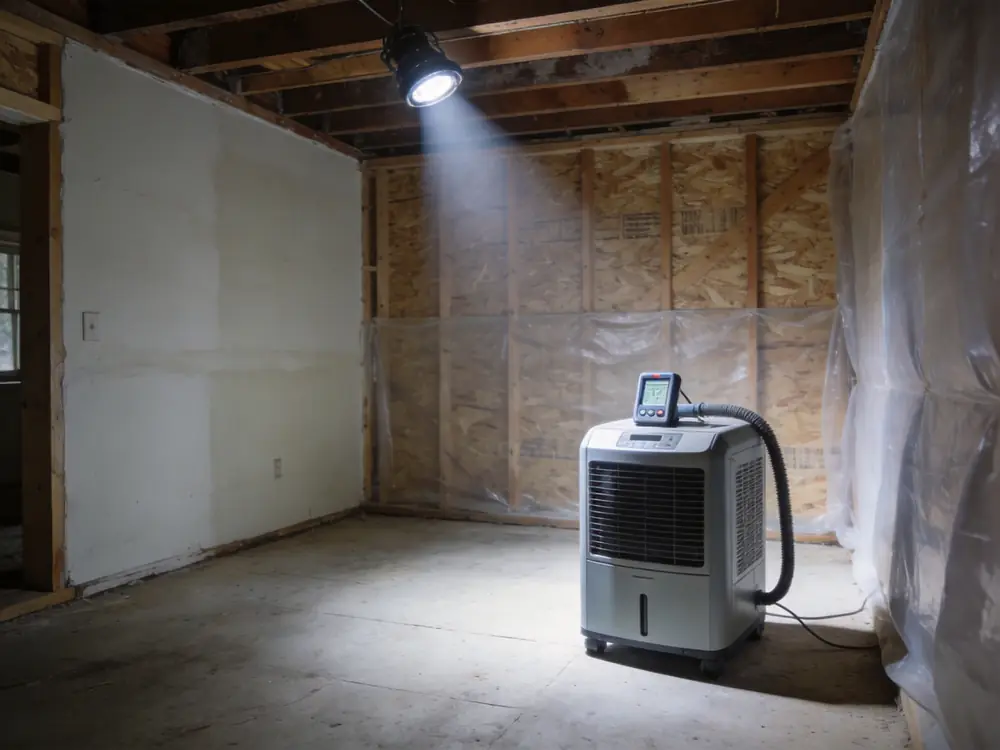 Dehumidifier and hygrometer running during the drying phase