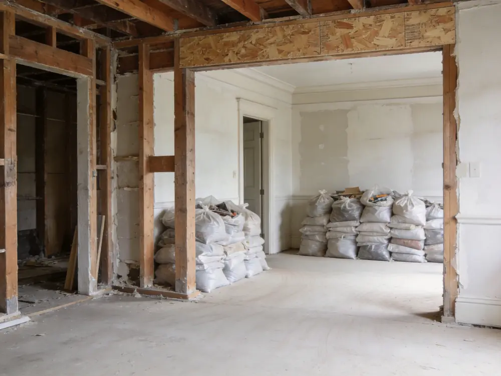 Room mid-remediation with contents bagged and framing exposed