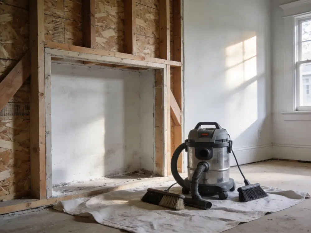 HEPA vacuum and brushes beside a partly cleaned framing bay