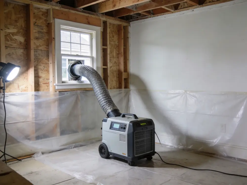 HEPA air scrubber running with ducting routed out of a window