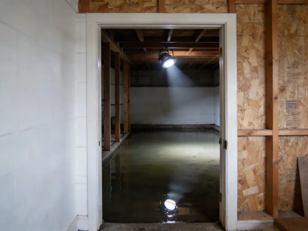 Shallow standing water across a basement floor