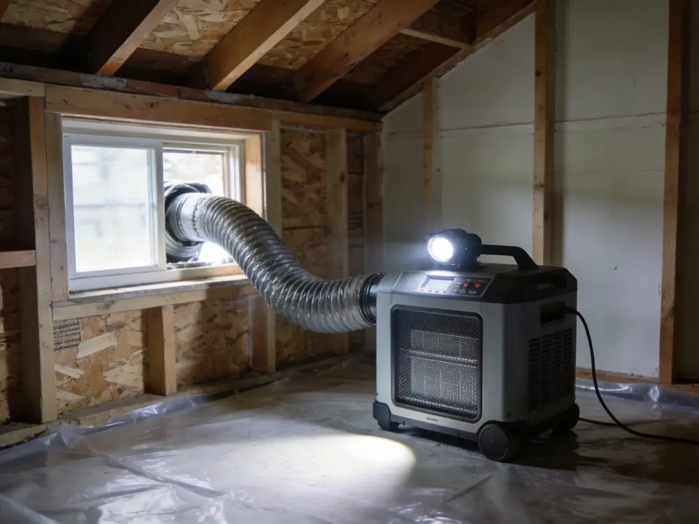 HEPA air scrubber running with ducting routed out of a window