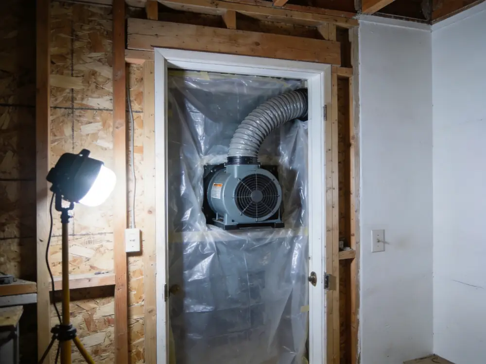 Negative air machine ducted through containment sheeting