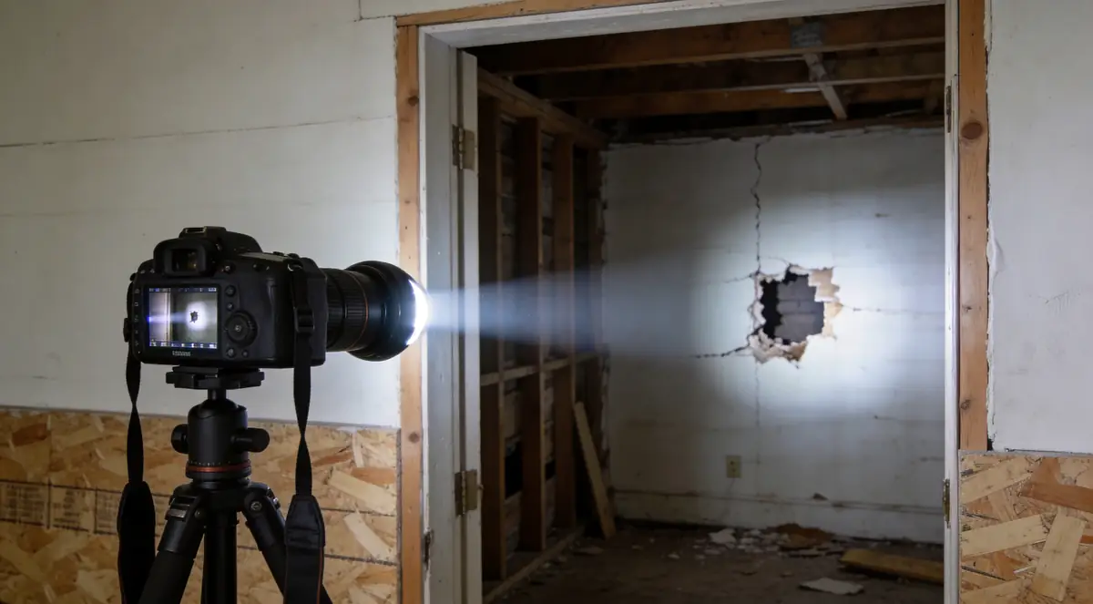 Camera on a tripod documenting a damaged wall