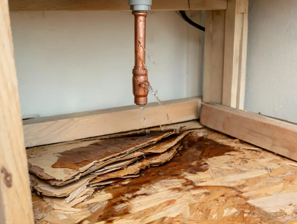 Burst copper supply line above a swollen cabinet floor