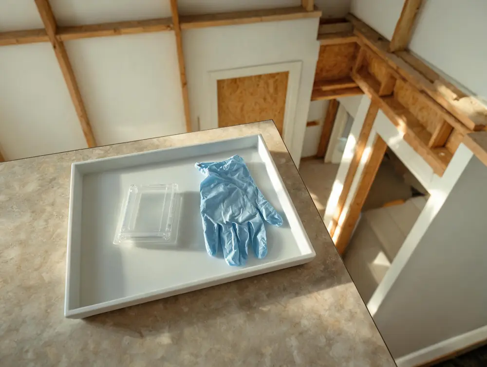 Sealed sample cassette and gloves on a clean tray