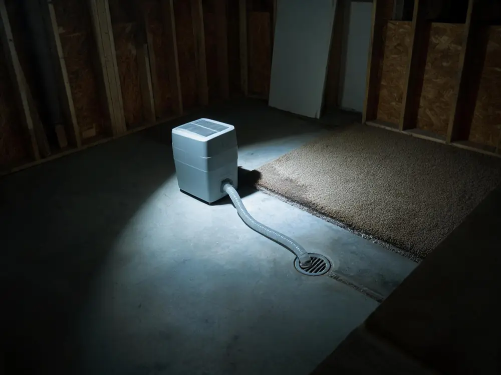 Commercial dehumidifier running in a finished basement