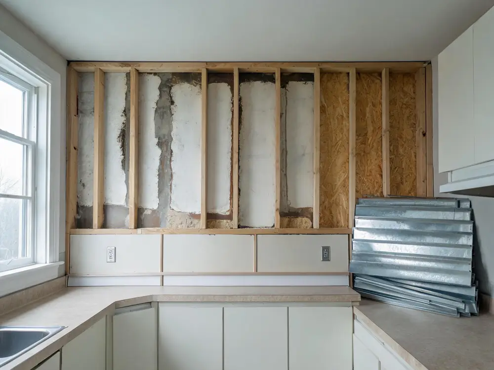 Commercial kitchen wall opened to show damp block work behind