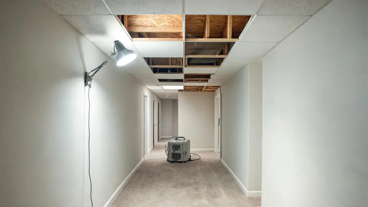 Office corridor under remediation with ceiling tiles removed