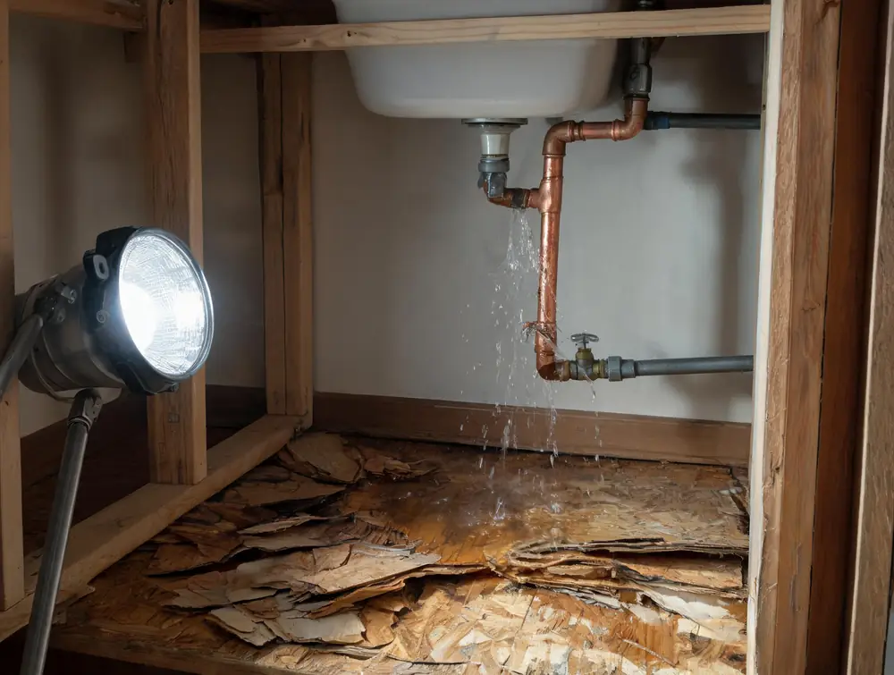 Burst copper supply line above a swollen cabinet floor