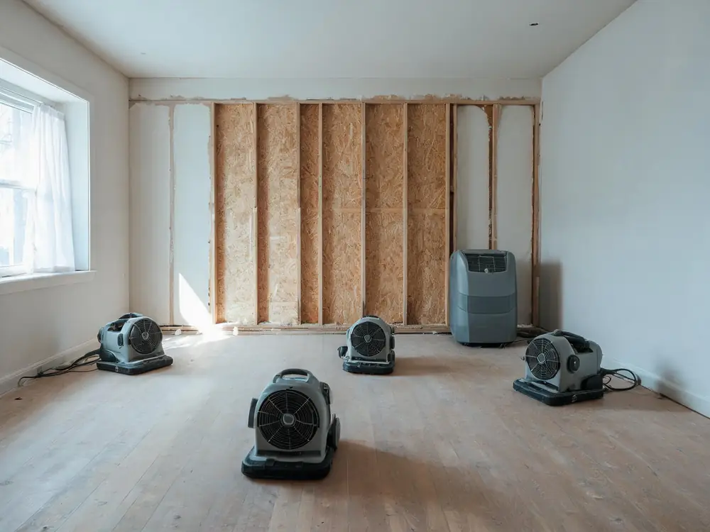Air movers and a dehumidifier drying a stripped room