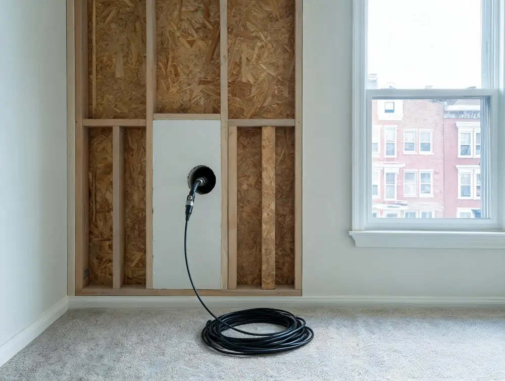 Borescope probe inserted through a small hole in drywall